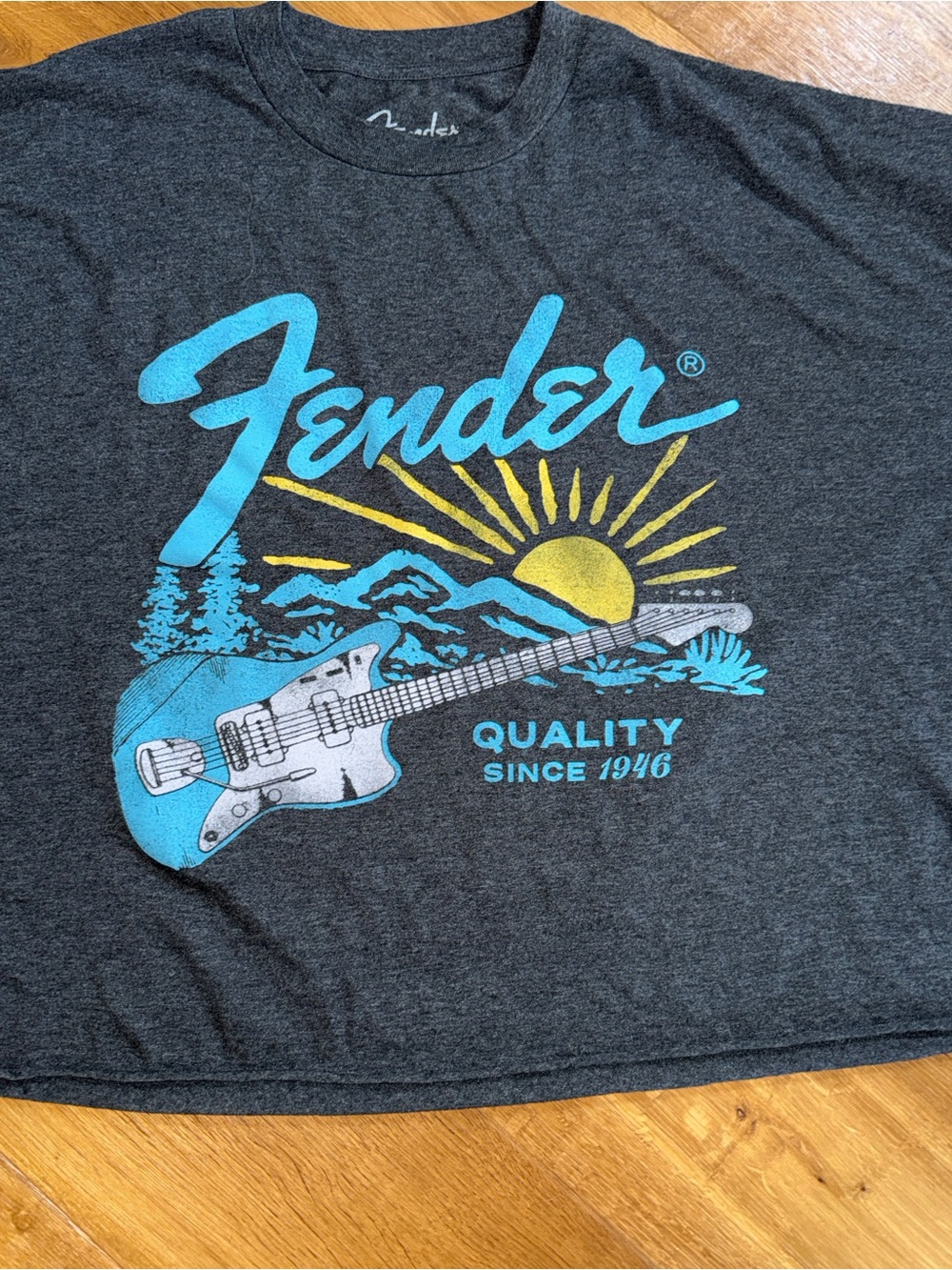 Fender Charcoal Gray Graphic Tee with Blue & Yellow Print 4X